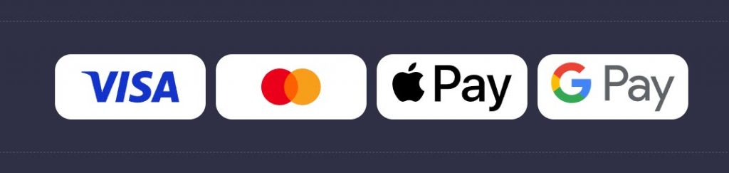 Доступні платіжні методи на SuperGra: Visa, Mastercard, Apple Pay, Google Pay.